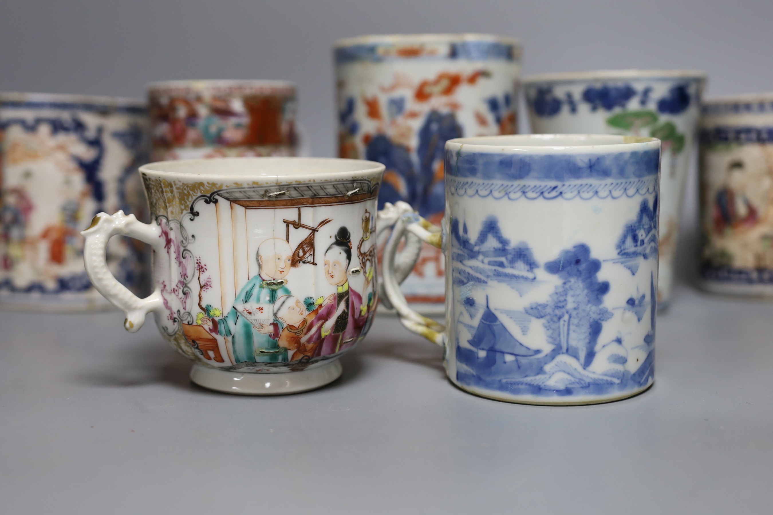 Seven various Chinese tankards, mostly export, 18th century and later (a.f)